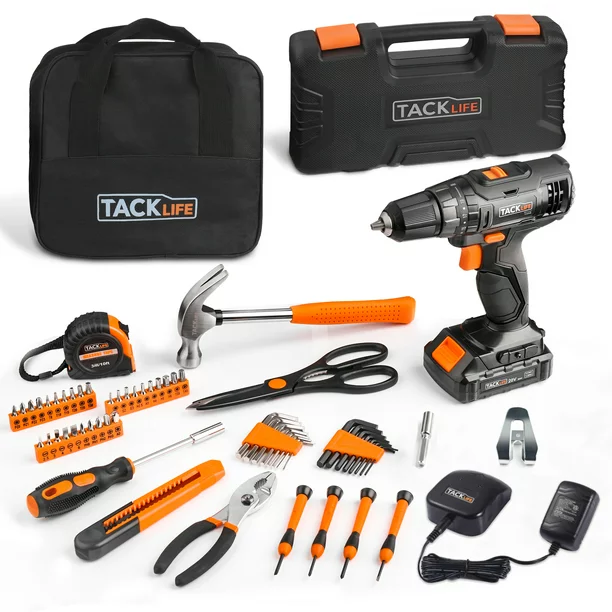 Tacklife 20V Cordless Electric Screwdriver With Home Tool Kit. 60Pcs Home Repair Tool Accessories. PHK06B