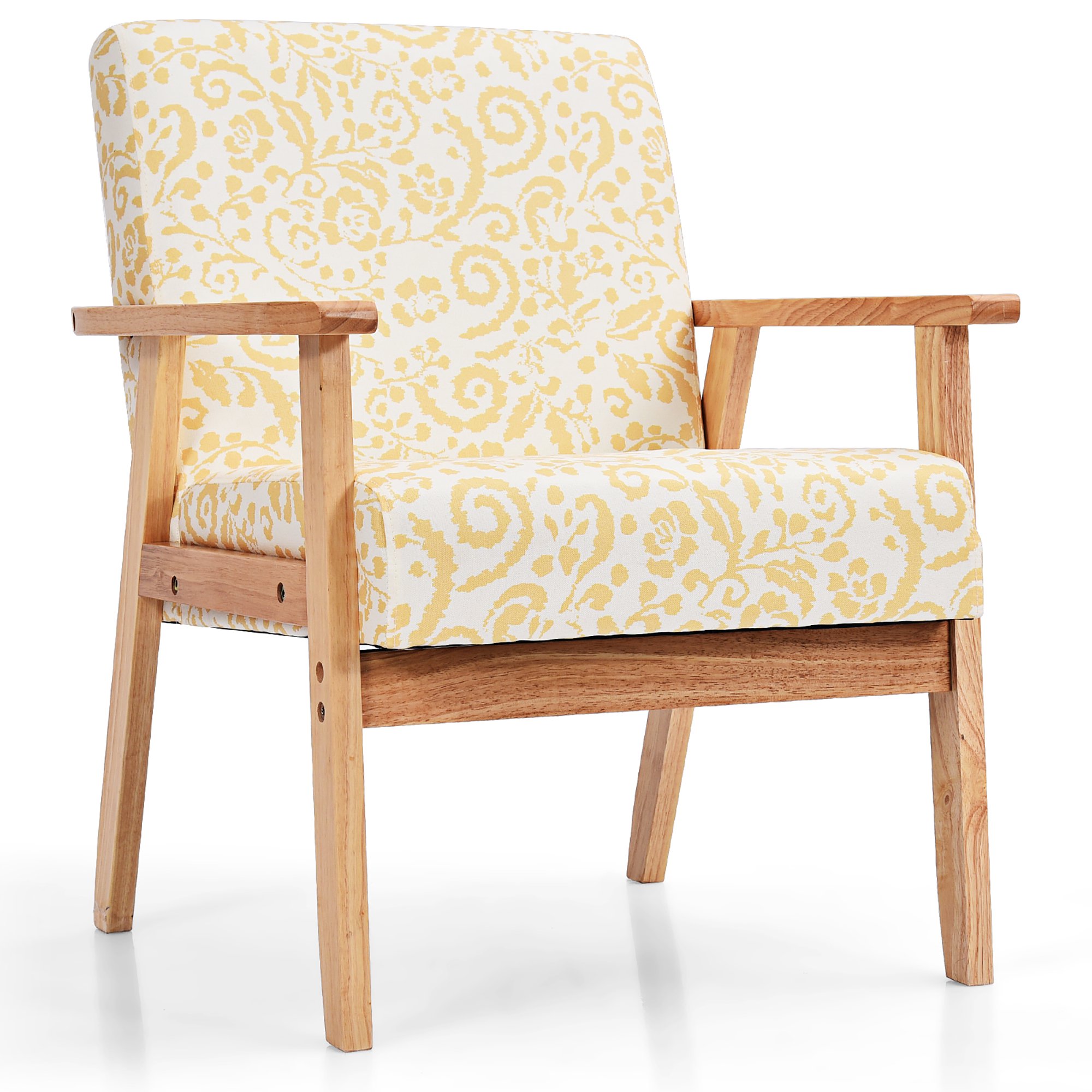 Costway Modern Accent Armchair Upholstered Lounge Chair with Rubber Wood Leg. Yellow Floral