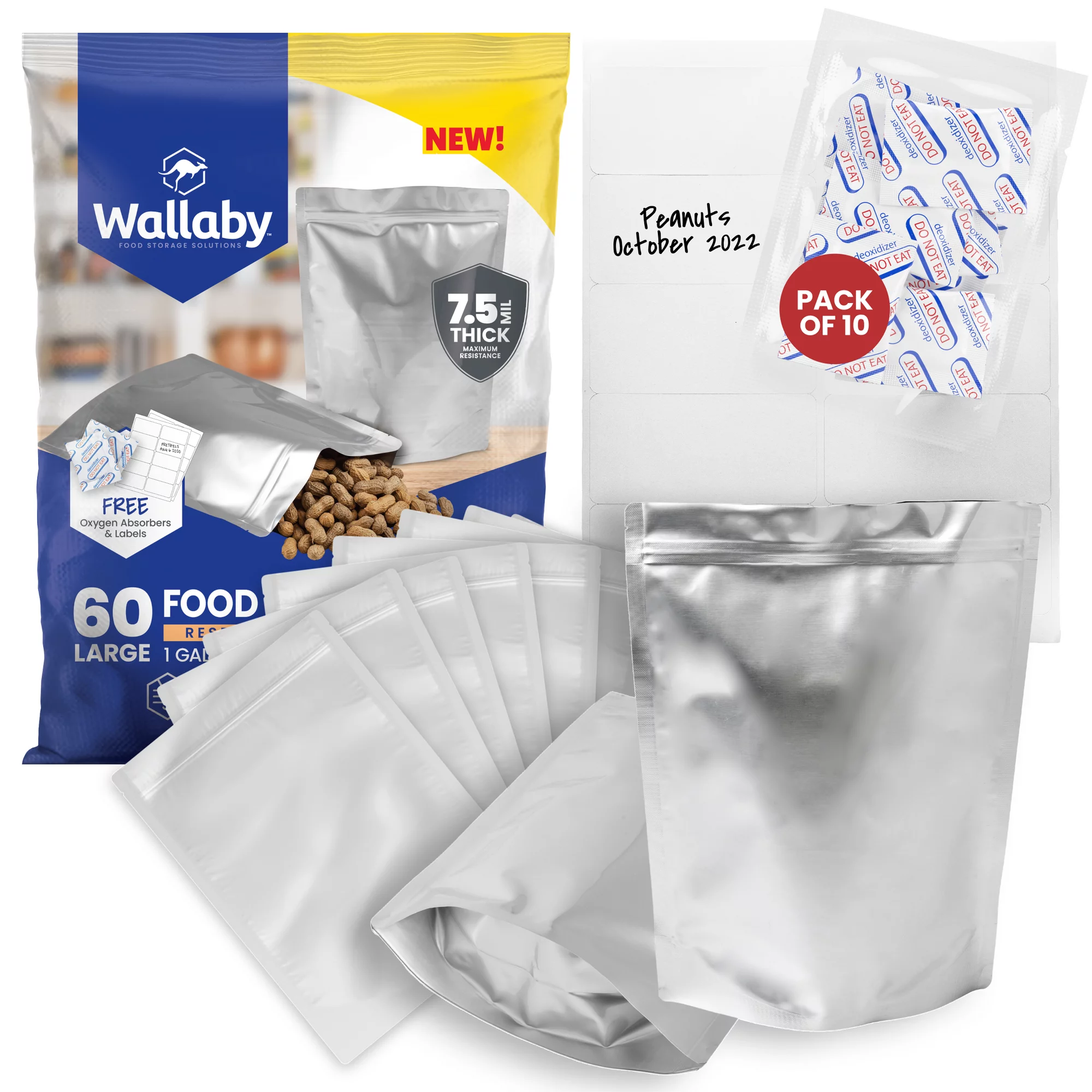 Wallaby 60 Stand-Up Mylar Bags With Zipper. Bundle - 1 Gallon (7.5 Mil). Silver