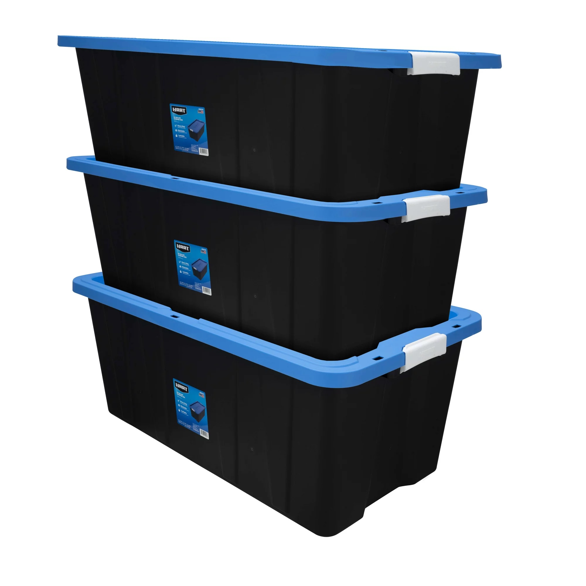Hart 40 Gallon Heavy Duty Latching Plastic Storage Bin. Black Base/Blue Lid. Set of 3