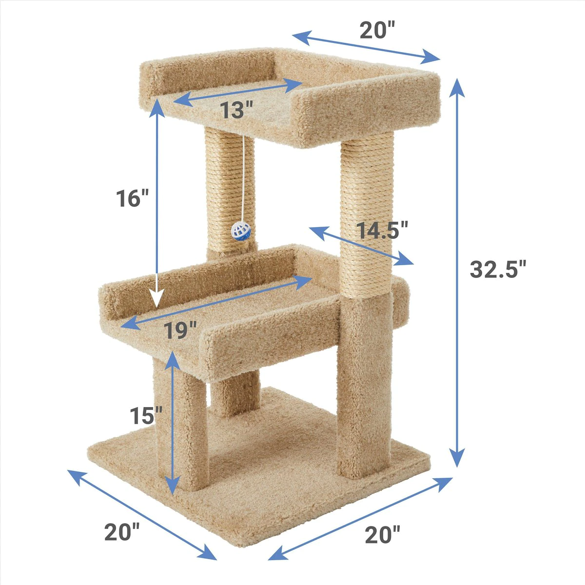 Frisco 32-in Real Carpet Wooden Cat Tree with Toy. Beige