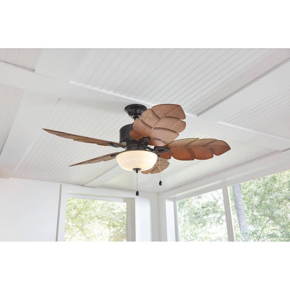 Home Decorators Collection Palm Cove 52 in. Indoor/Outdoor LED Natural Iron Ceiling Fan With Light Kit. Downrod And Reversible Motor
