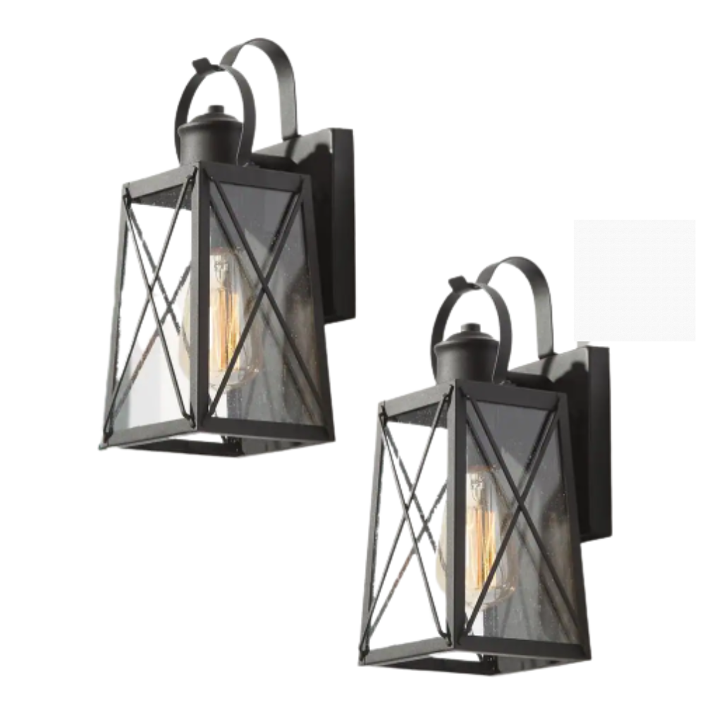 LNC Craftsman 1-Light Matte Black Outdoor Wall Lantern Sconce with Seeded Glass Shade (2-Pack)