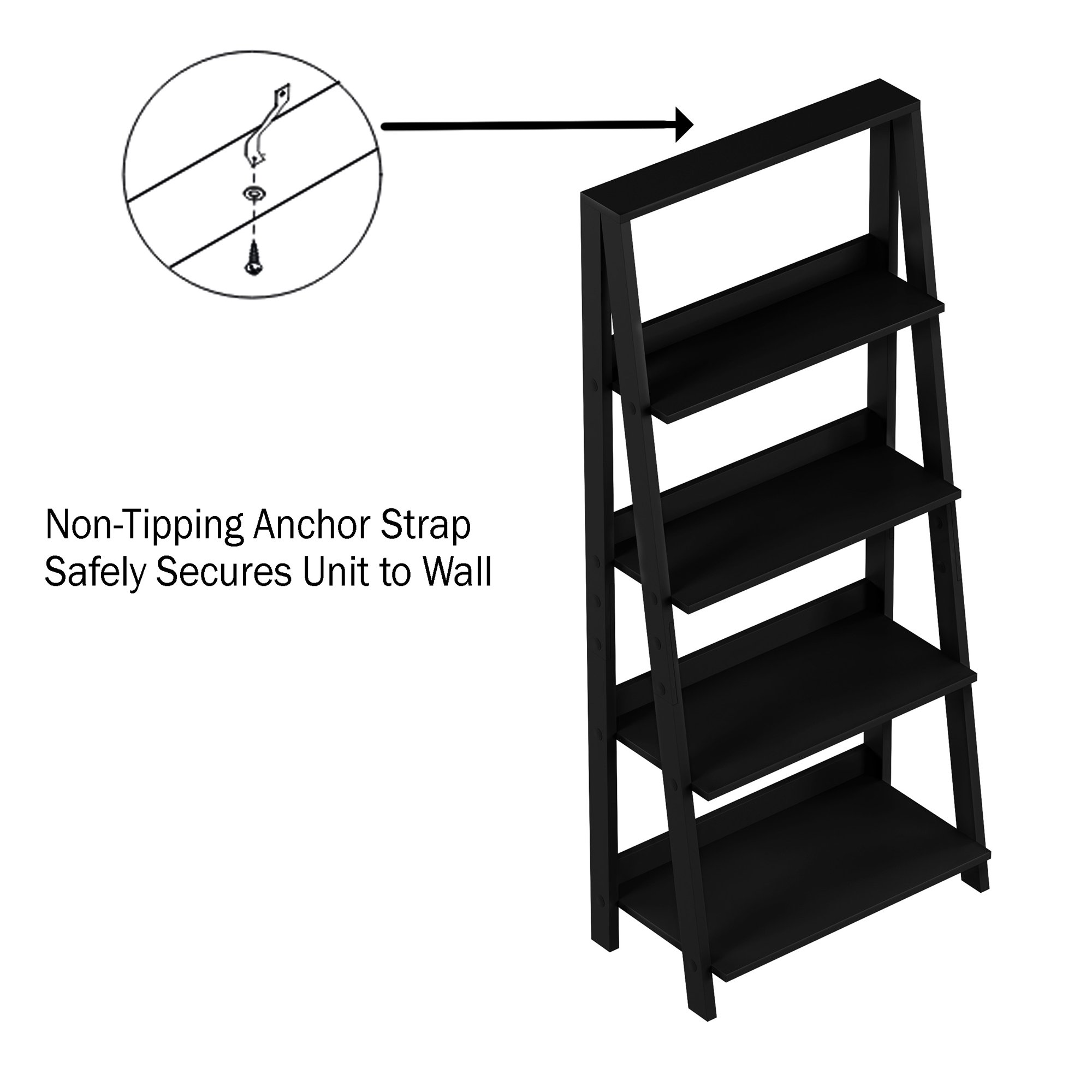 Somerset Home Ladder Bookshelf - 4-Tier Freestanding Bookcase (Black)