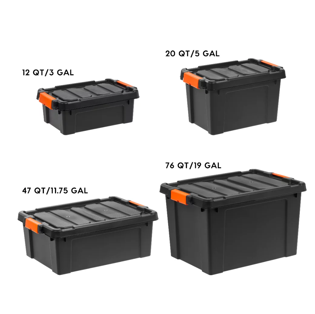 IRIS USA. 11 Gallon Heavy Duty Plastic Storage Box. Black. Set of 4