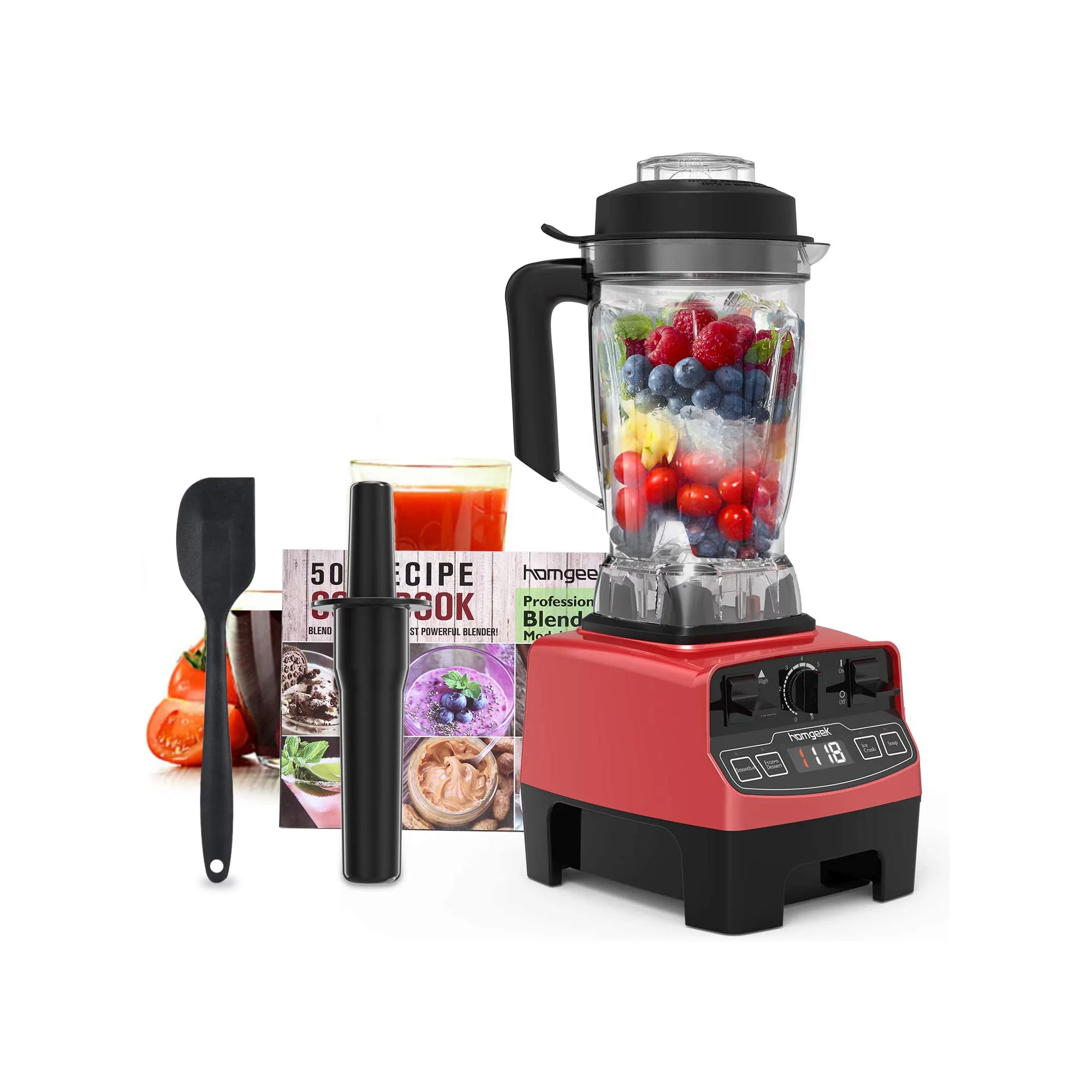 Homgeek 1450 Watts Professional Blender 70 oz.. 8 Adjustable Speeds Smoothie Blender with 4 Blending Preset Programs. Red