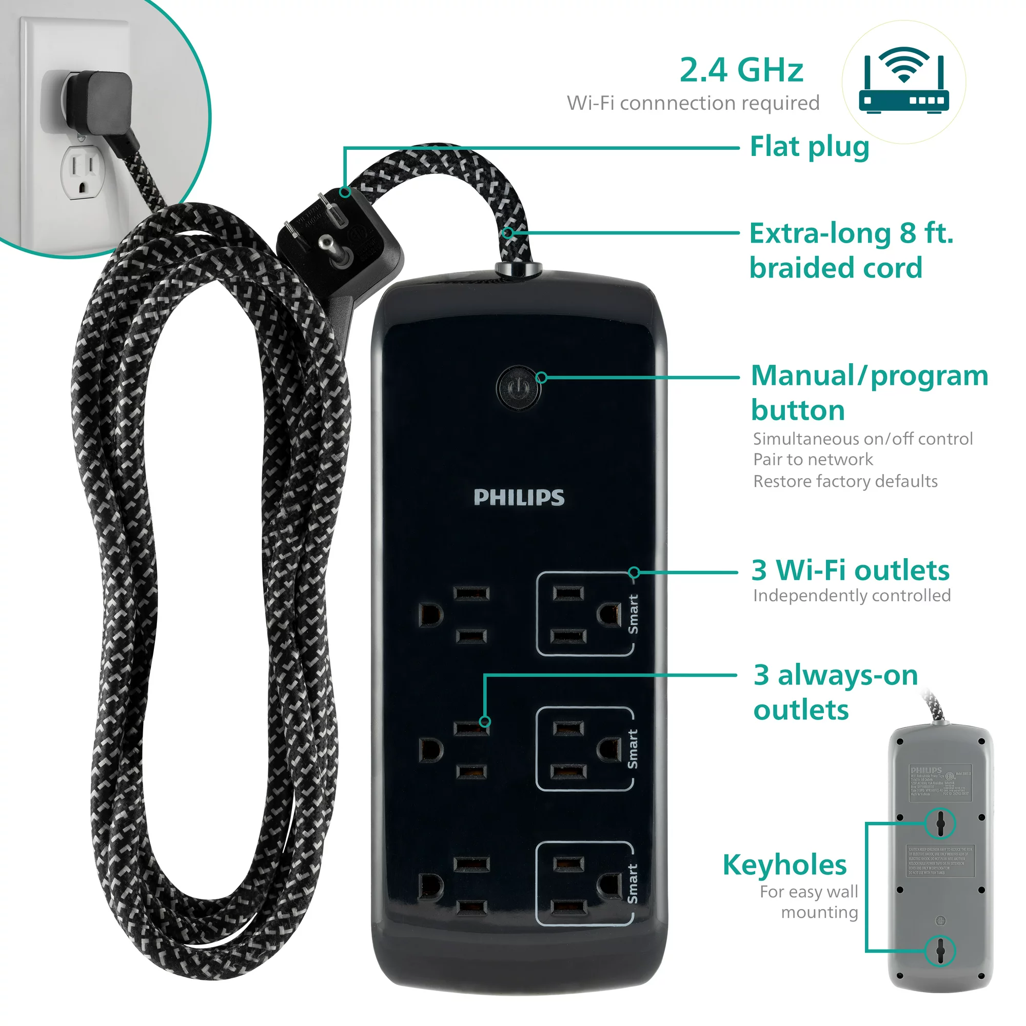Philips Smart Plug 6-Outlet Surge Protector. 1080J 8ft.. Black