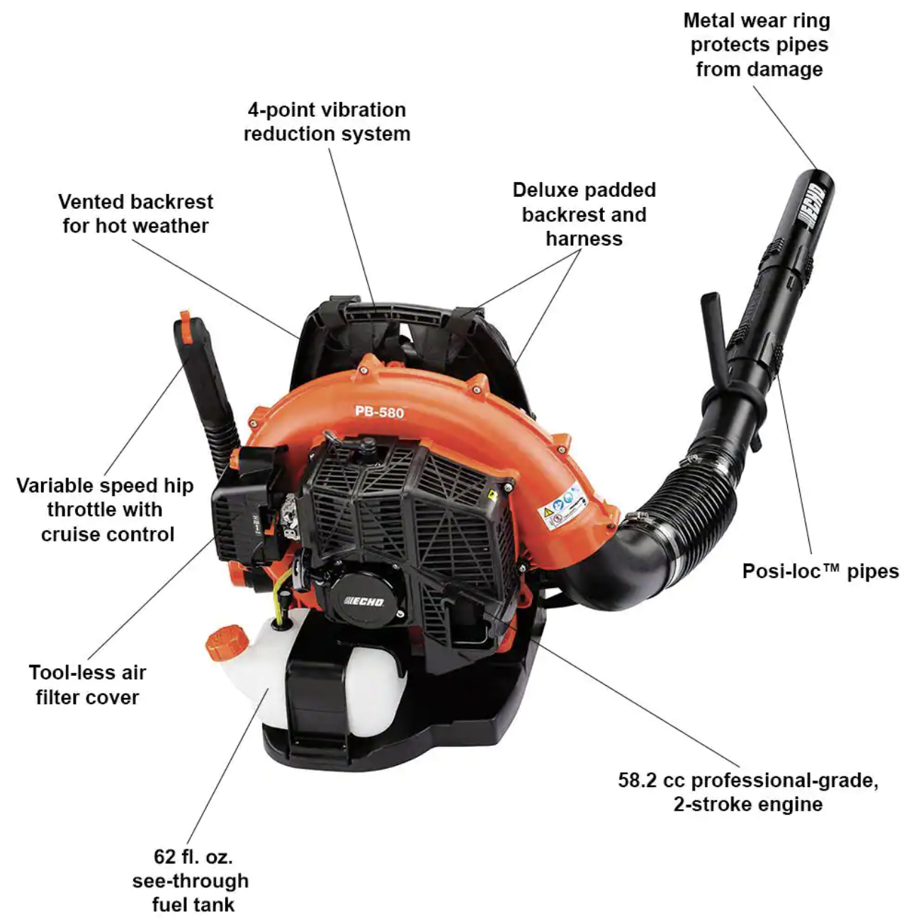 Echo 216 MPH 517 CFM 58.2 cc Gas 2-Stroke Cycle Backpack Leaf Blower with Hip Throttle