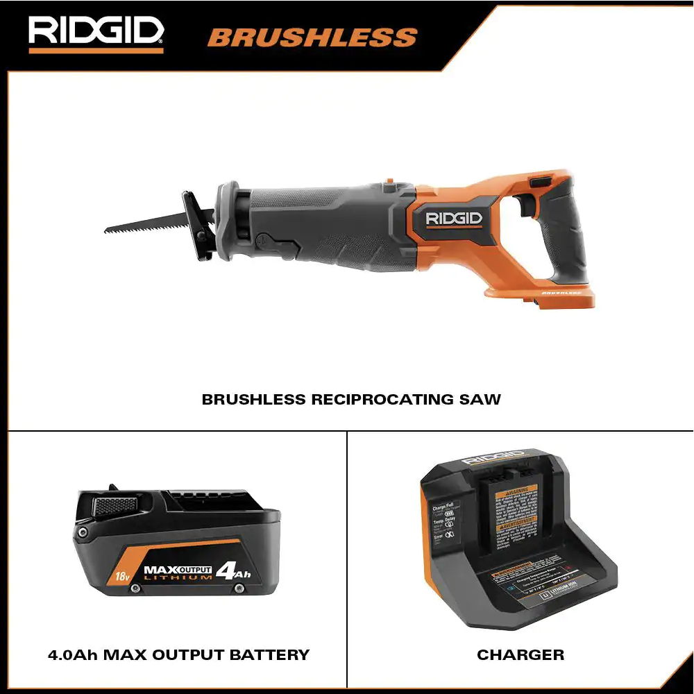 Ridgid 18V Brushless Cordless Reciprocating Saw Kit with (1) 4.0 Ah Battery and Charger