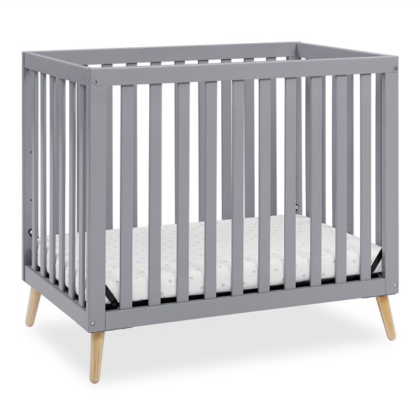 Delta Children Essex Convertible Mini Baby Crib With 2.75-Inch Mattress. Grey With Natural