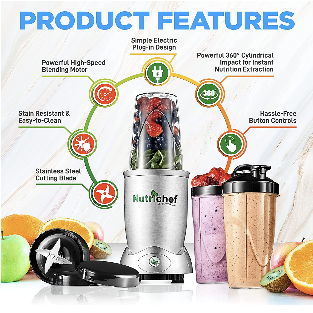 NutriChef Professional Home Kitchen Blender. Digital Countertop Power Pro Blender with Pulse Blend. 10 and 24 Oz Cups