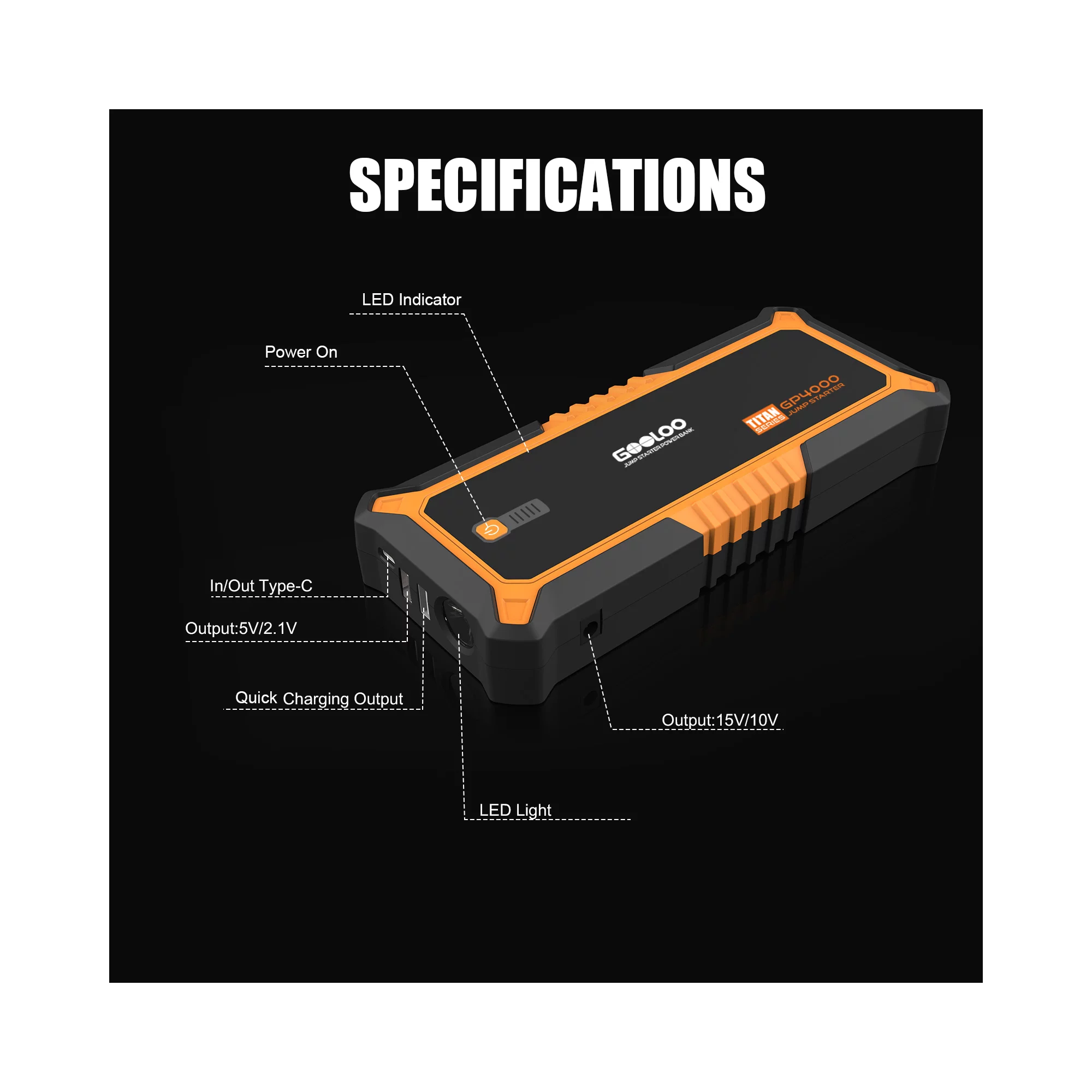 Gooloo GP4000 4000A Peak Jump Starter 26800mAh Auto Battery Pack. All Gas up to 10.0L Diesel Engine. Orange