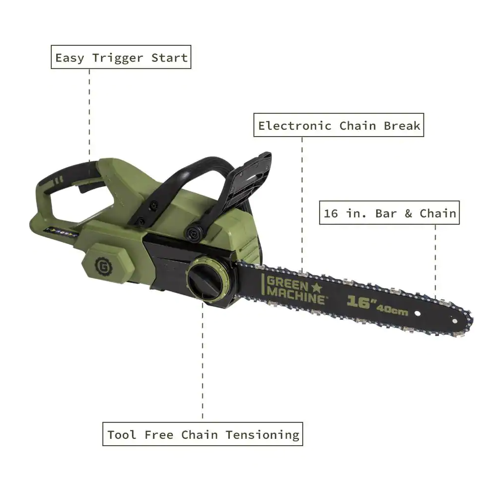 Green Machine 62V Brushless 16 In. Cordless Battery Chainsaw Auto-Tensioning System