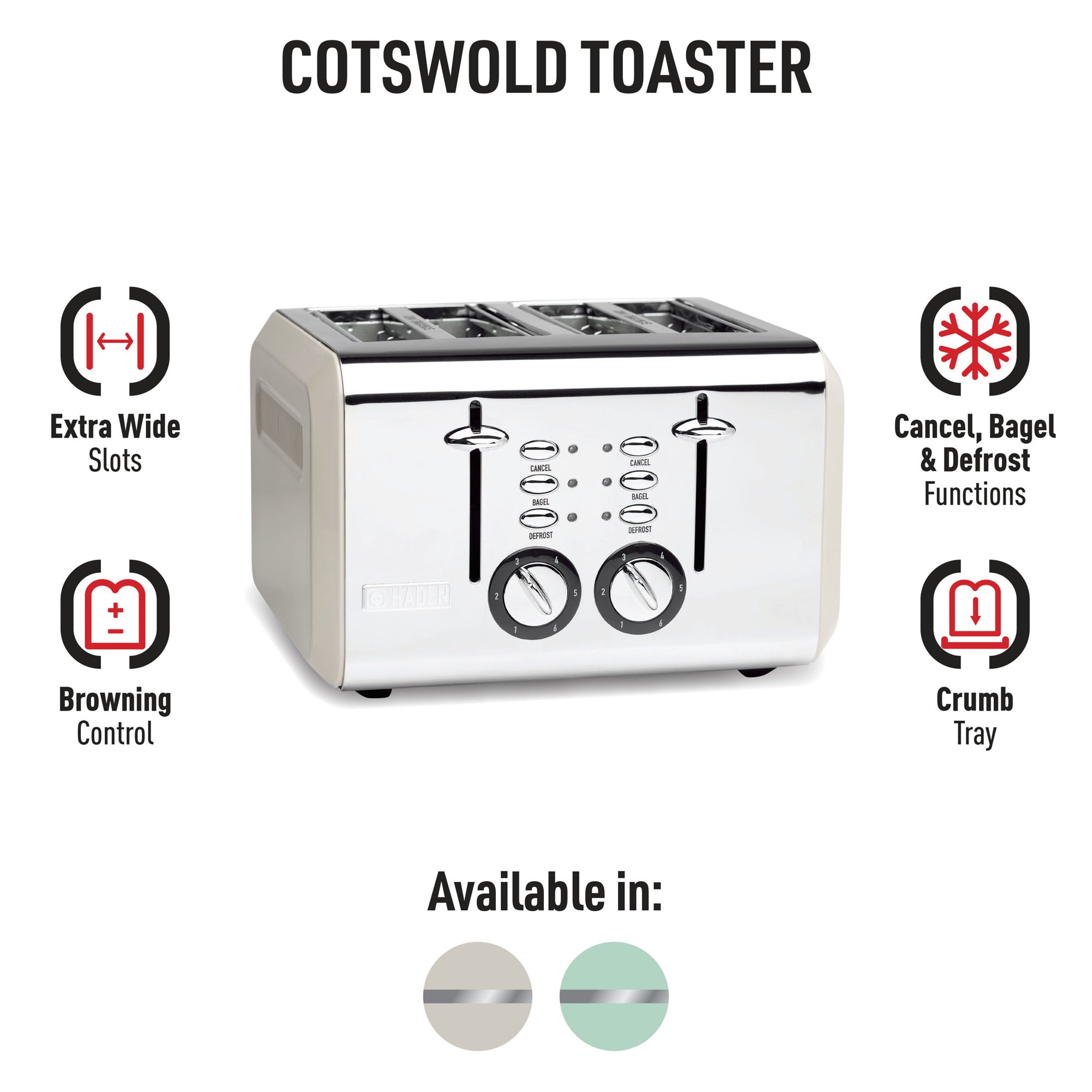 Haden 75011 Cotswold Wide Slot Stainless Steel Retro 4 Slice Toaster. Putty Beige