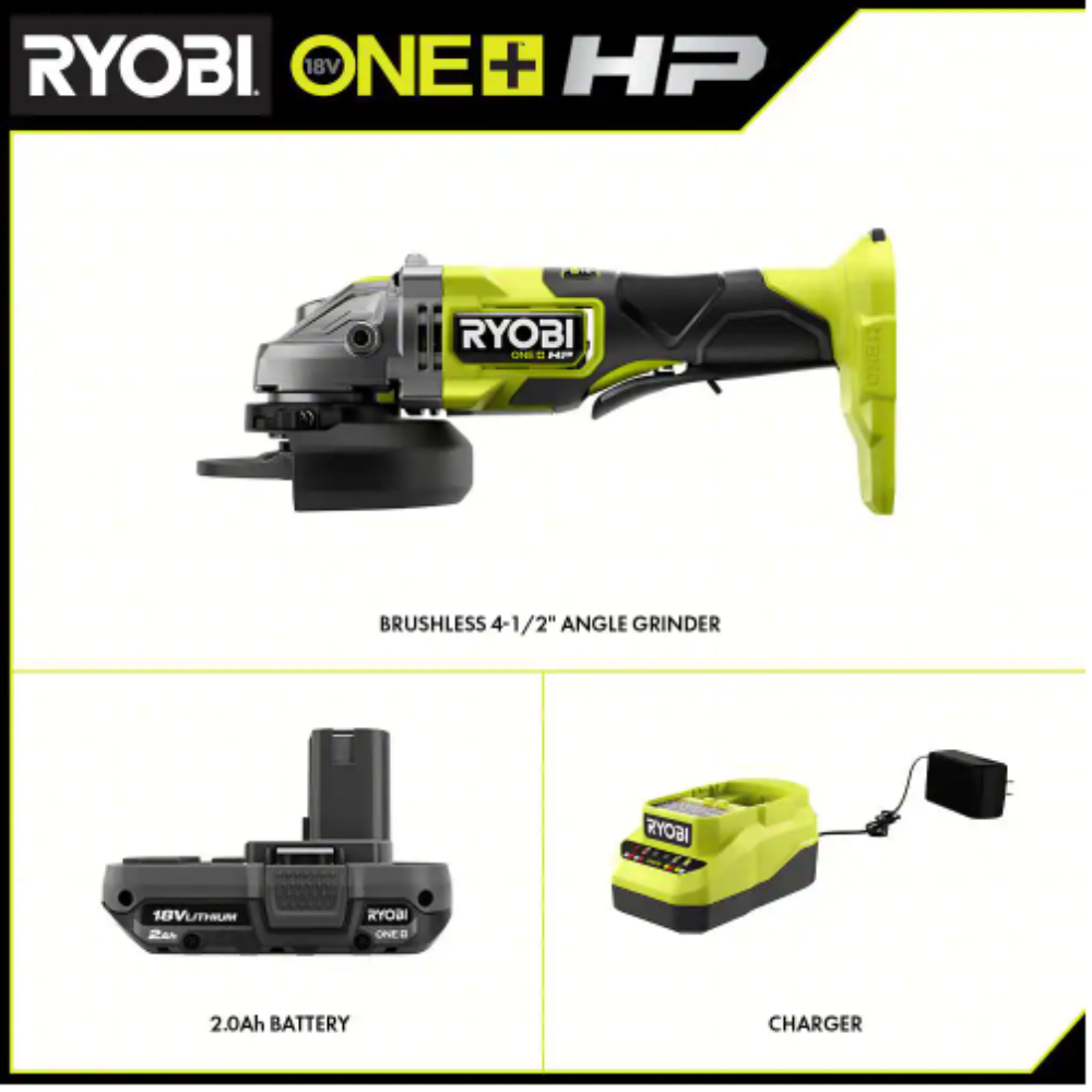 Ryobi ONE+ HP 18V Brushless Cordless 4-1/2 in. Angle Grinder with 2.0 Ah Battery and Charger