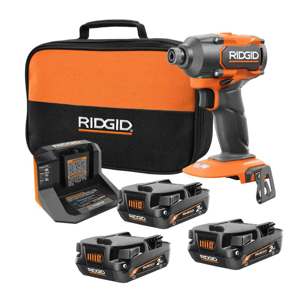 Ridgid 18V Brushless Cordless 1/4 in. Impact Driver Kit w/ 2.0 Ah MAX Output Battery. Charger & (2) MAX Output 2.0 Ah Batteries