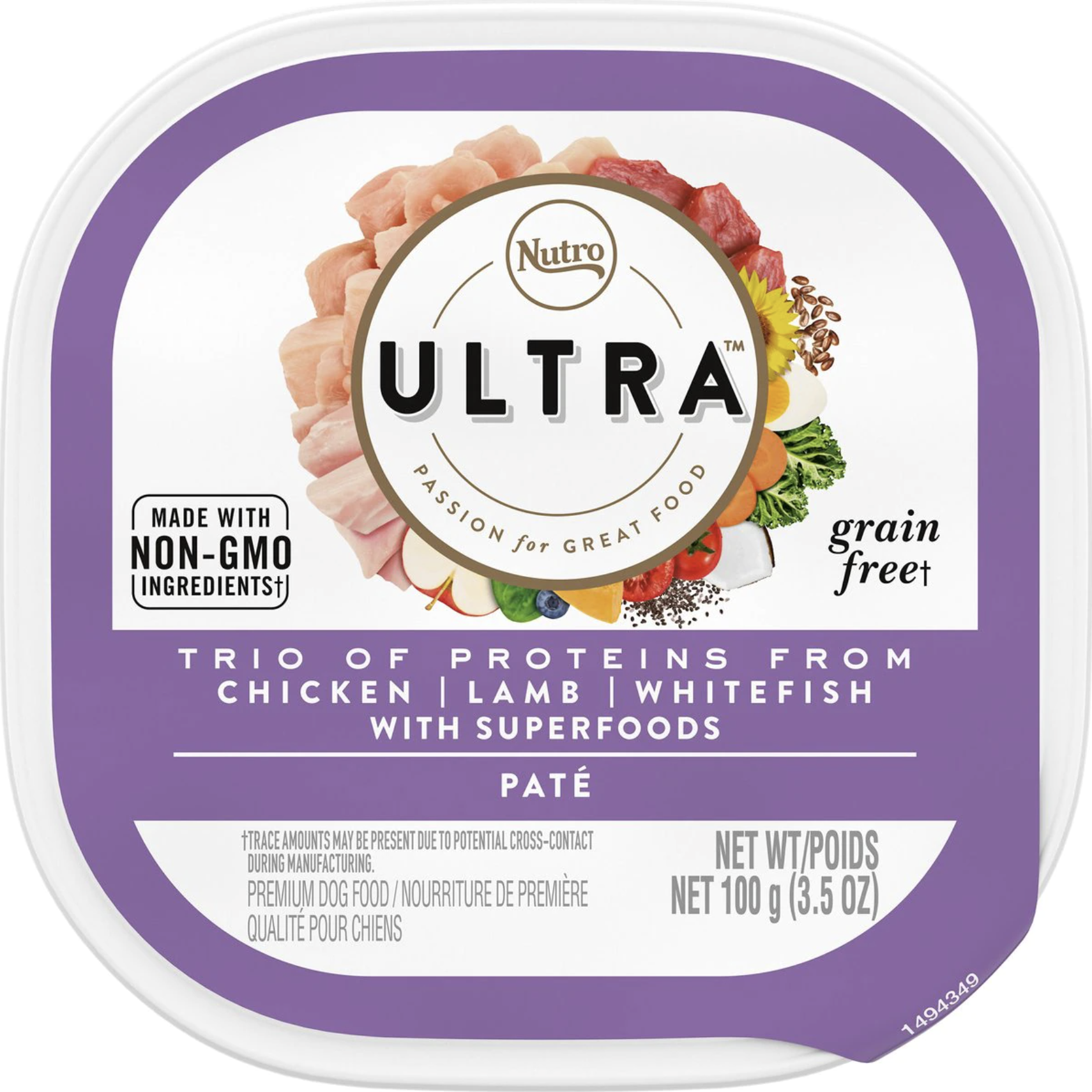 Nutro Ultra Grain-Free Trio Protein Chicken. Lamb & Whitefish Pate with Superfoods Adult Wet Dog Food Trays. 3.5-oz. Case of 24