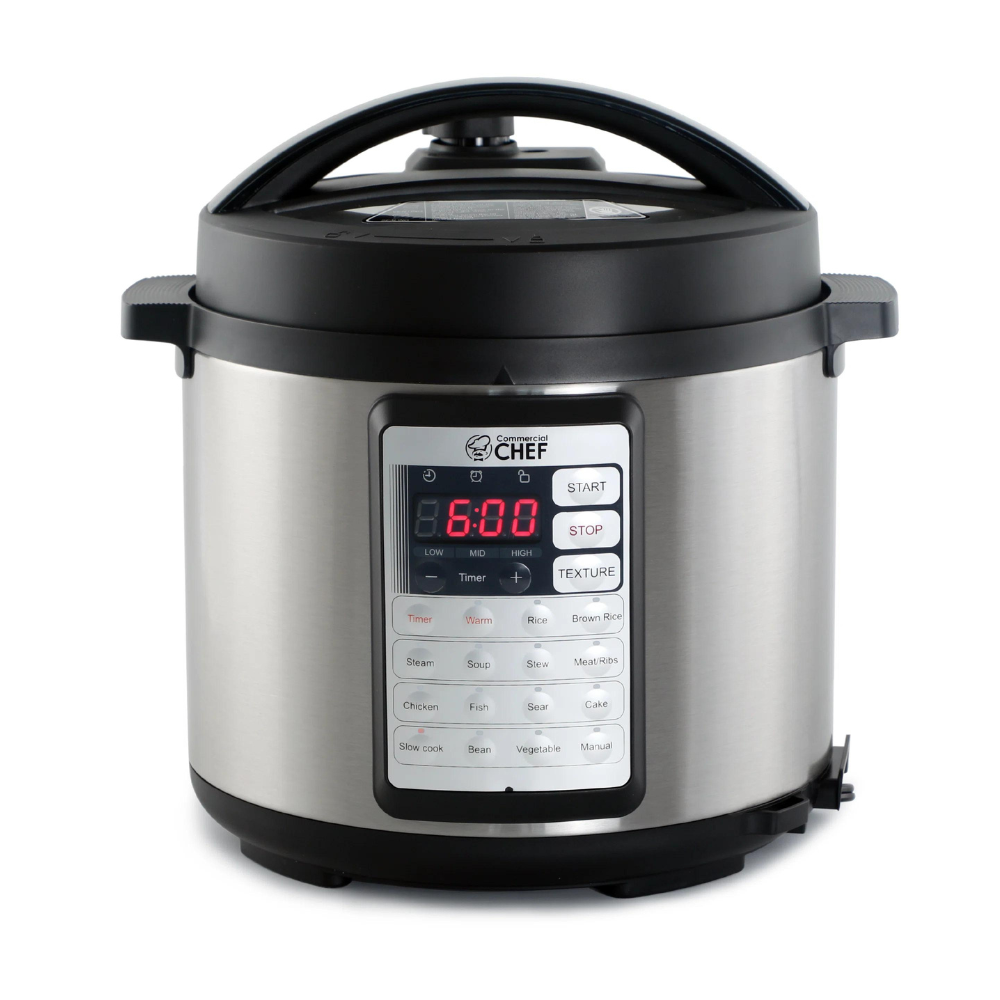 Commercial Chef Electric Pressure Cooker 6.3 Quarts. 24-Hour Preset Timer. Stainless Steel Interior with Safety Features