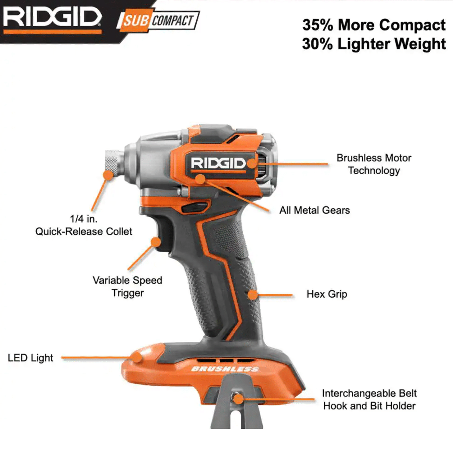Ridgid R8723K 18V SubCompact Brushless Cordless Impact Driver Kit with (1) 2.0 Ah Battery. Charger & Bag