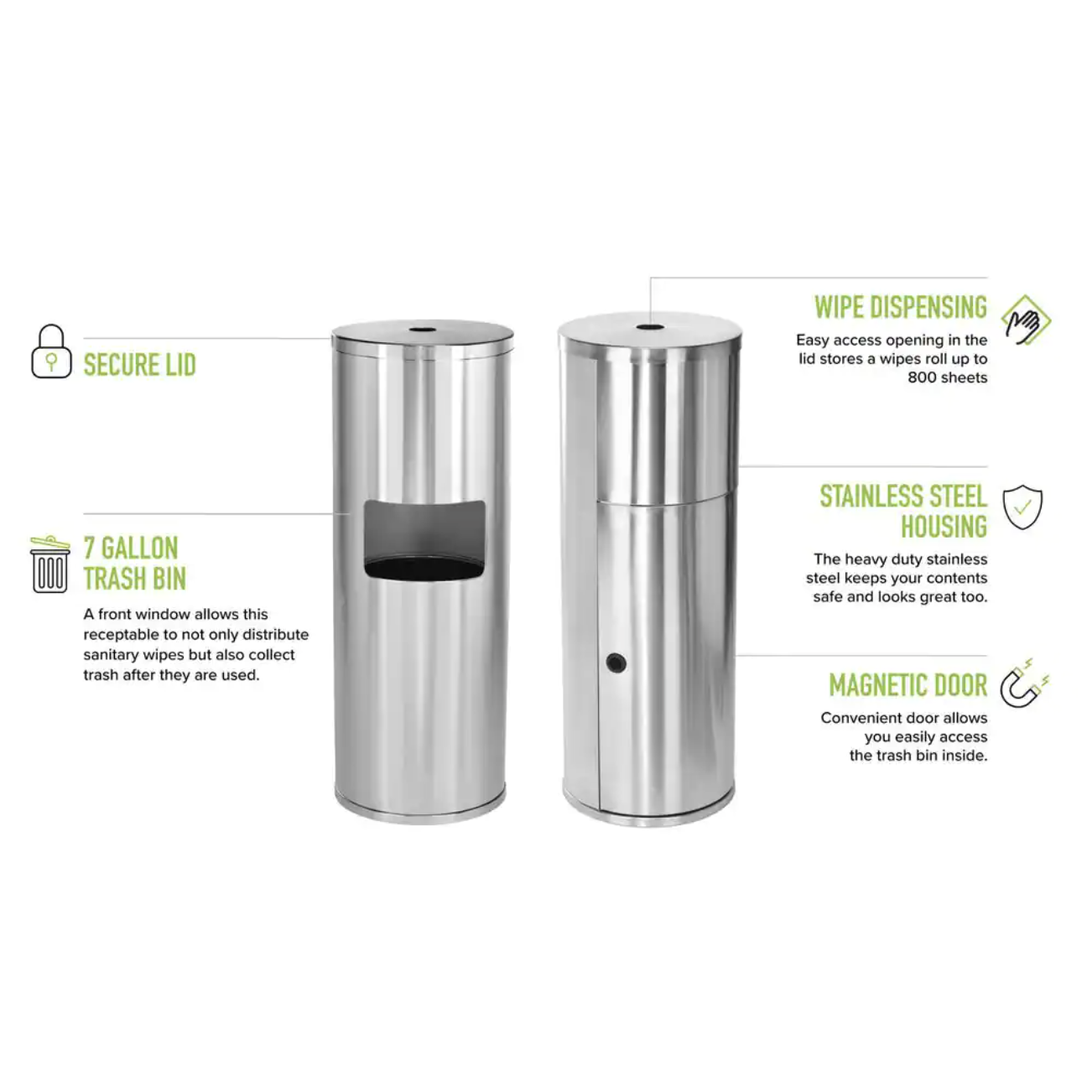 Alpine Industries Stainless Steel Gym Disinfecting Wipes Dispenser with 7 Gal. Built-in Trash Can