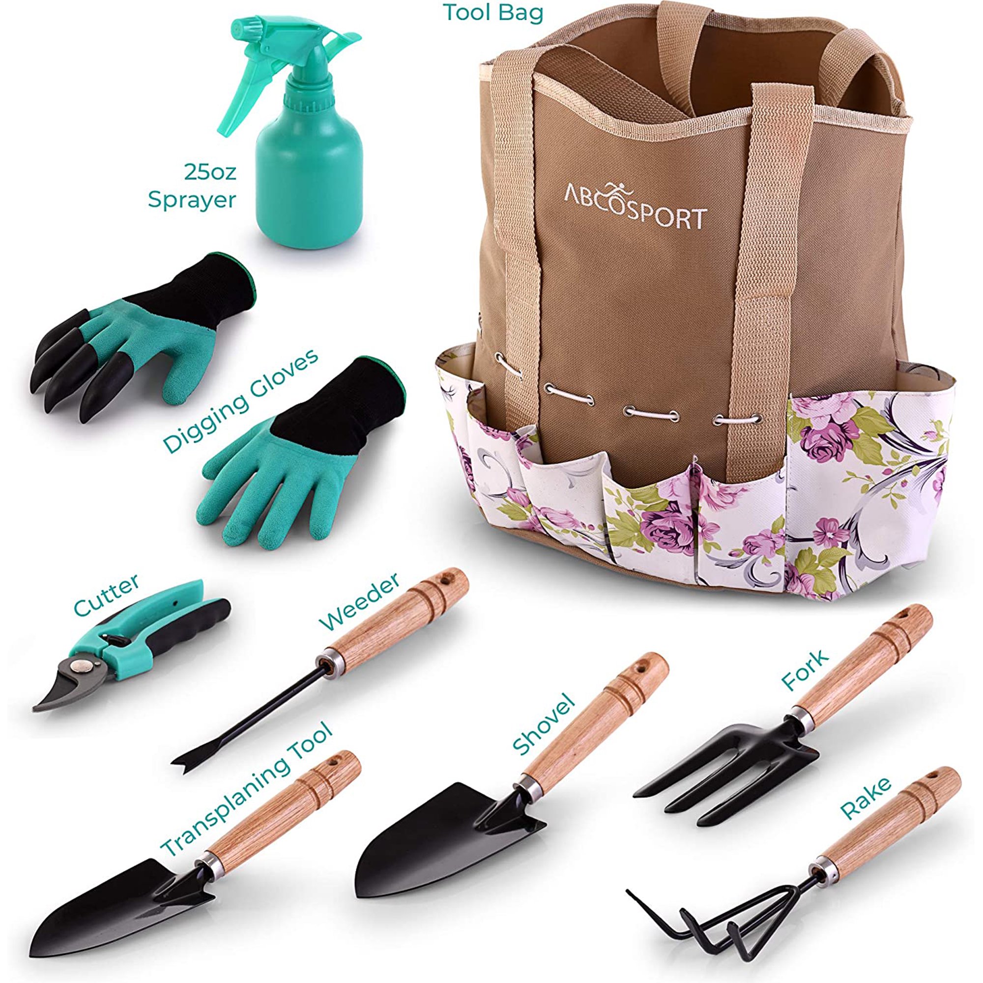 Abco Tech 9 Pieces Gardening Kit with Easy to Carry Tote Bag