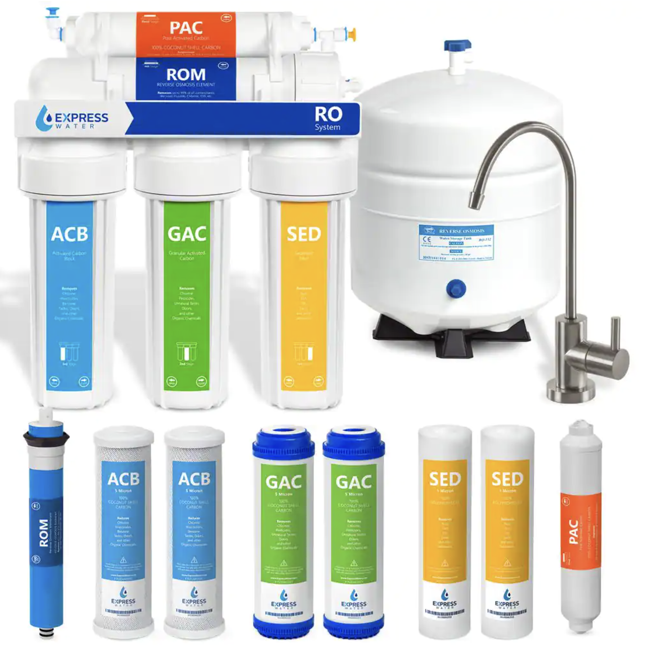 Express Water Reverse Osmosis 5 Stage Water Filtration System with Faucet. Tank. and 4 Replacement Filters. 100 GPD