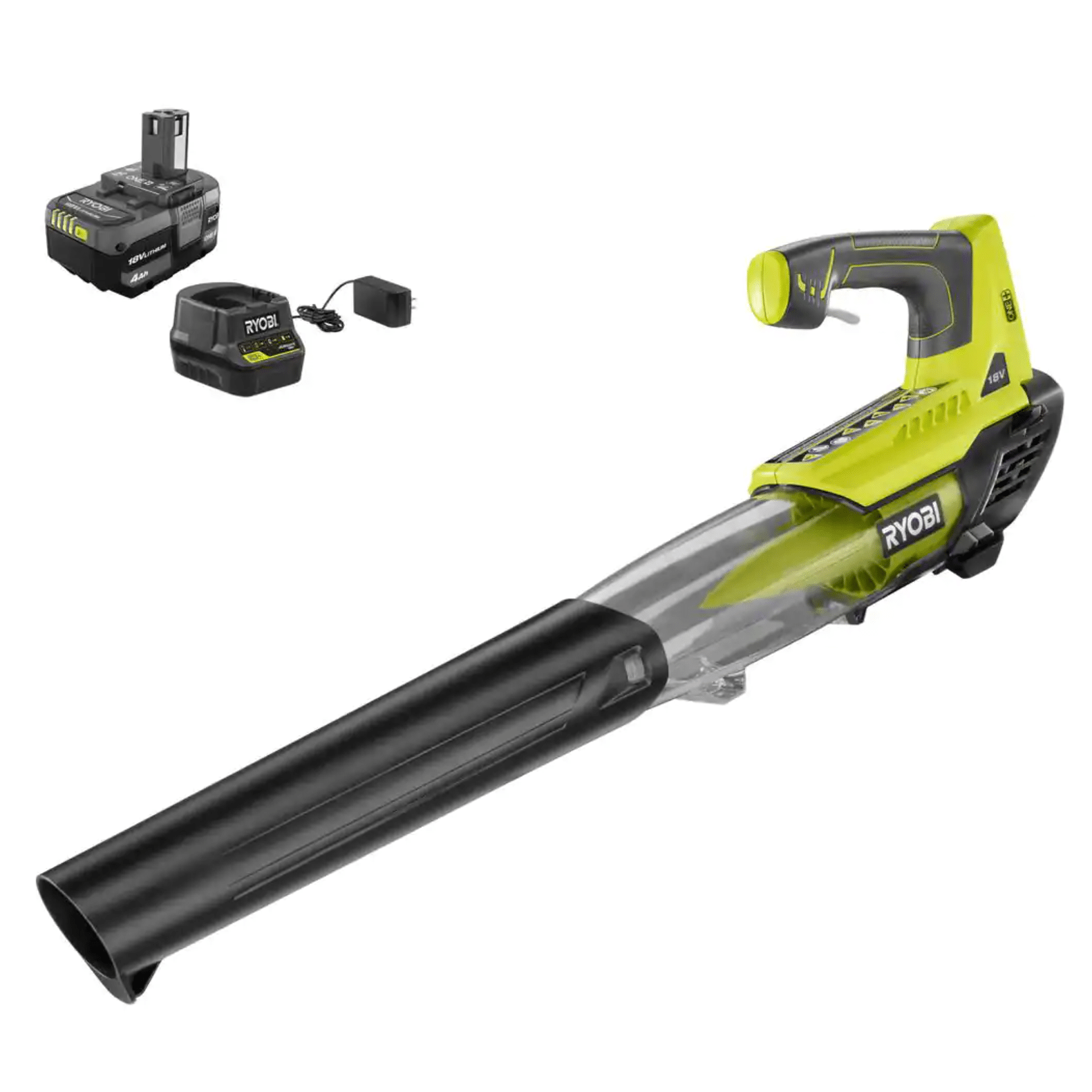 Ryobi One+ 18V 100 MPH 280 CFM Cordless Battery Variable-Speed Jet Fan Leaf Blower with 4.0 Ah Battery & Charger (P2180)