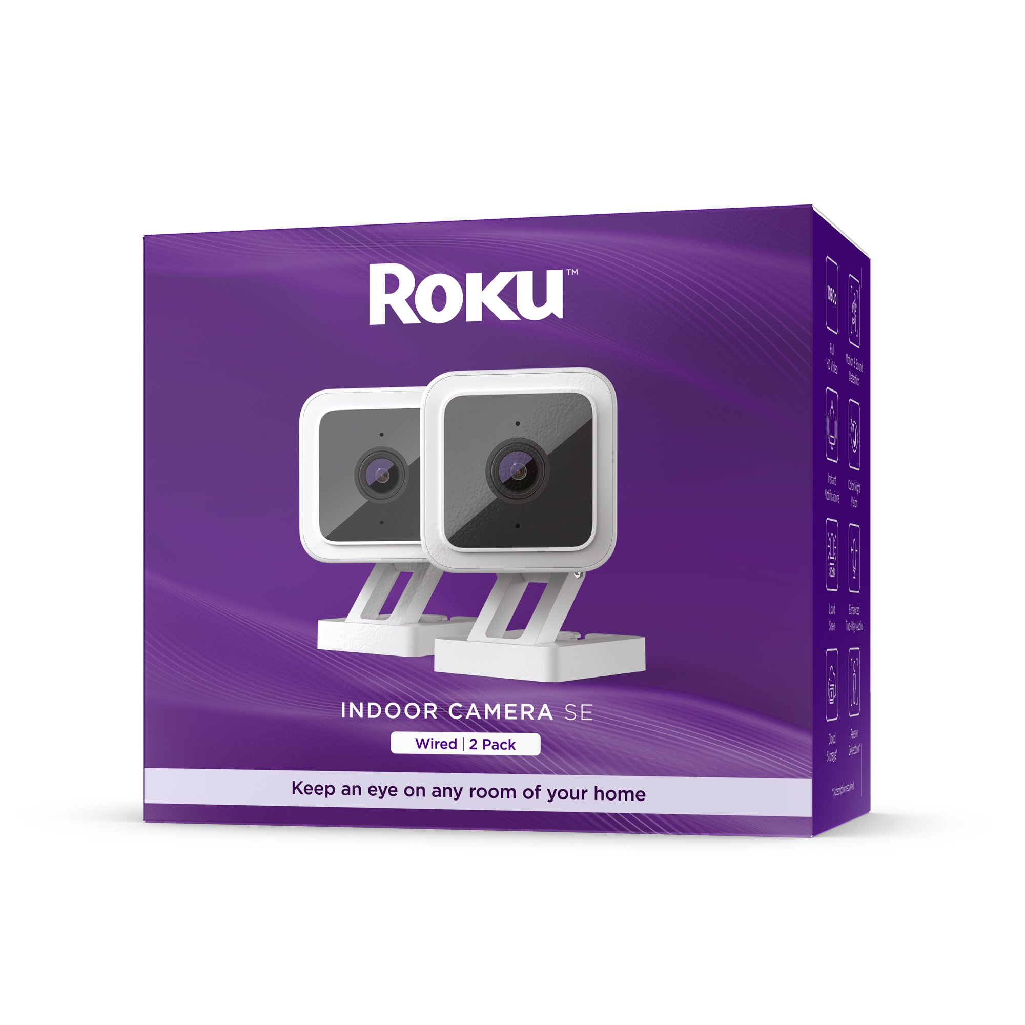 Roku Smart Home Indoor Camera SE (2-Pack) Wi-Fi-Connected. Wired Security Surveillance Camera with Motion & Sound Detection