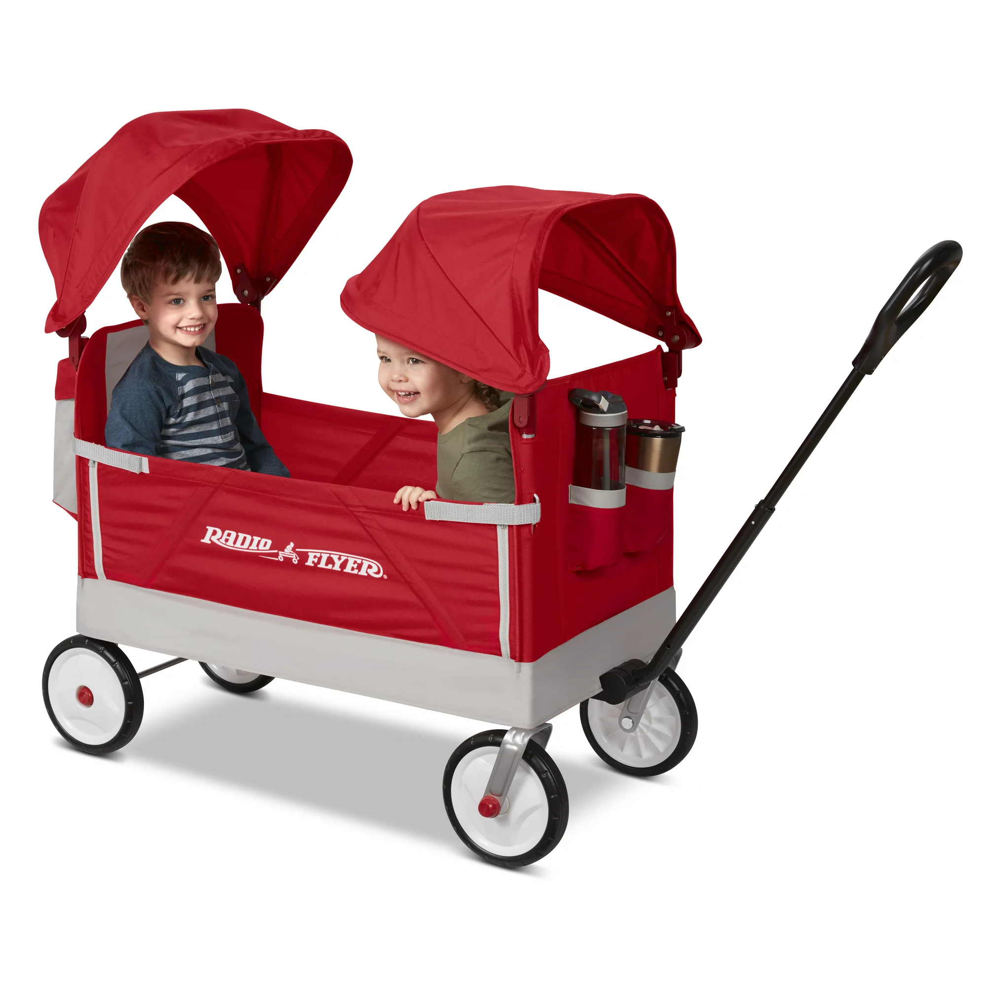 Radio Flyer. Dual Canopy Family Wagon. Adjustable Canopies with Storage Bag. Ages 1.5+ years