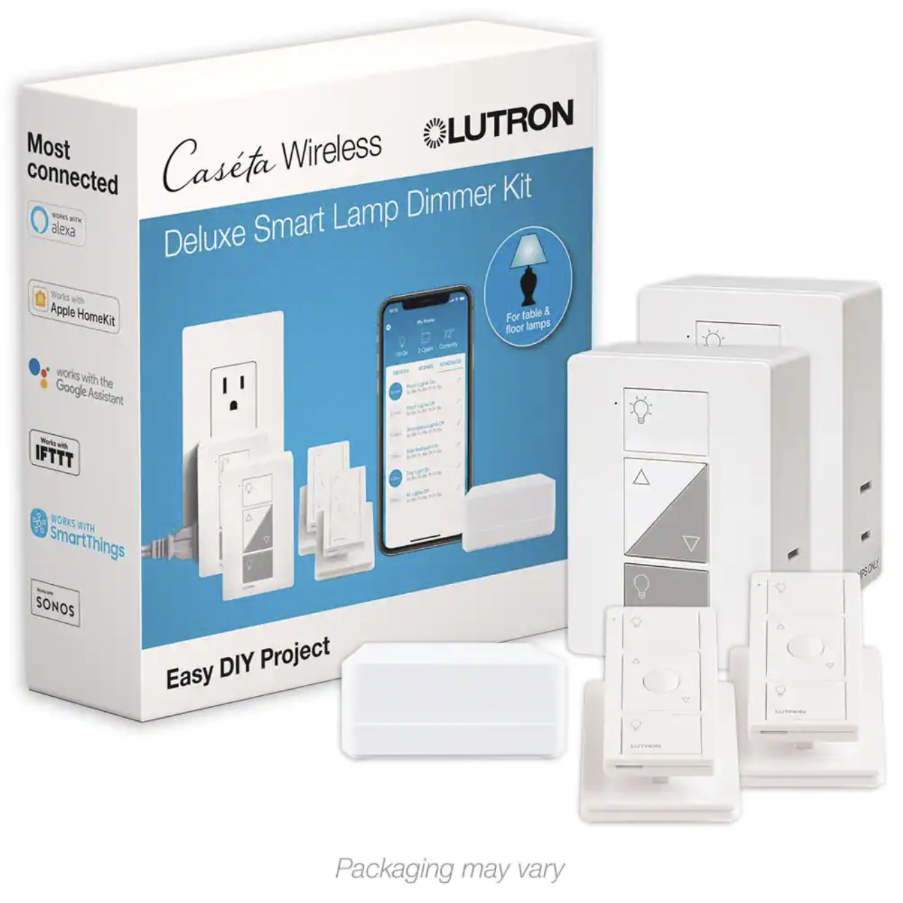 Lutron Caseta Wireless Smart Lighting Lamp Dimmer (2 Count) Starter Kit with Smart Bridge. Pedestals for Pico Remotes