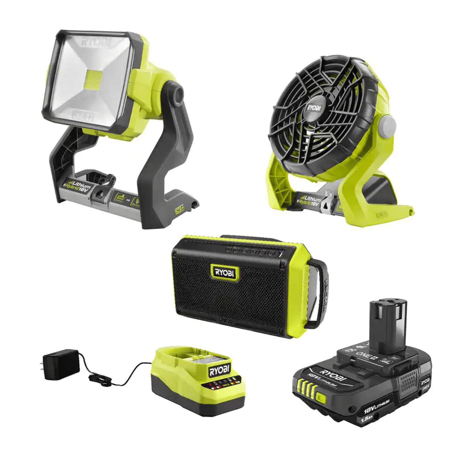 Ryobi One+ 18V Cordless 3-Tool Campers Combo Kit with Work Light. Speaker. Fan. 1.5 Ah Battery & Charger (PCL1304K1N)