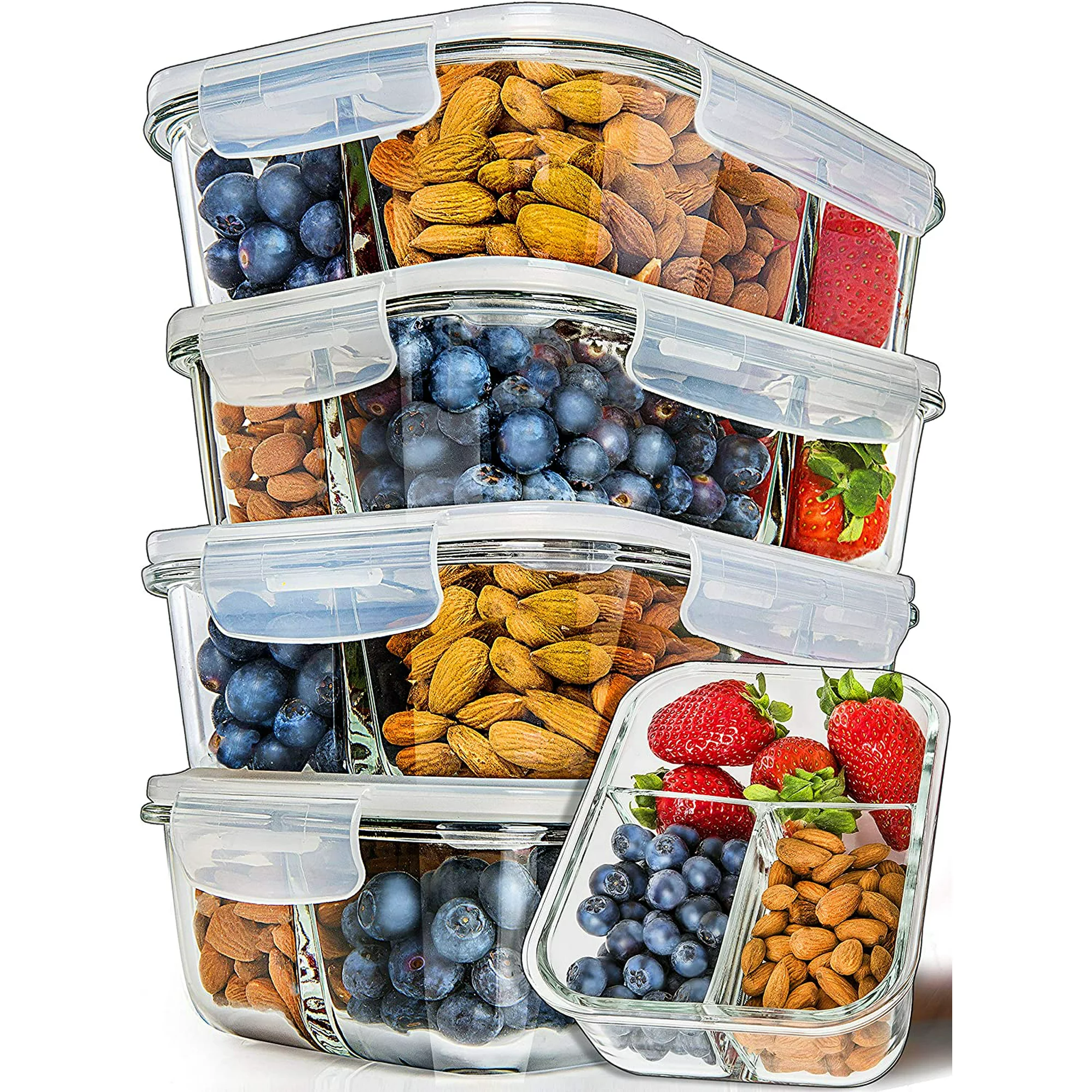 Prep Naturals Glass Meal Prep Food Storage Containers with Lids. 3 Compartment 5 Pack