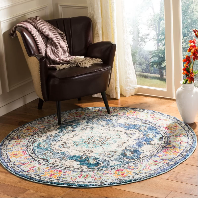 Langley Street Hertzler Machine Woven / Power Loomed Performance Navy/Light Blue Rug. Round 11′