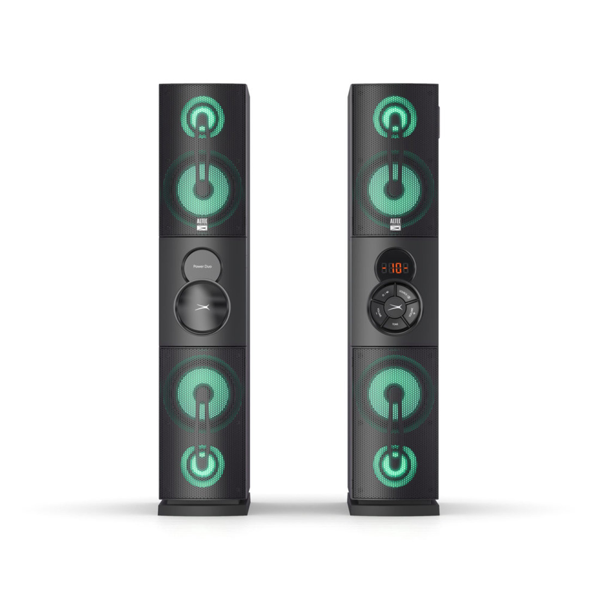 Altec Lansing Party Duo Bluetooth Tower Speaker Set with LED Lights. 2 Wired Microphones. Remote. IMT7003-Black