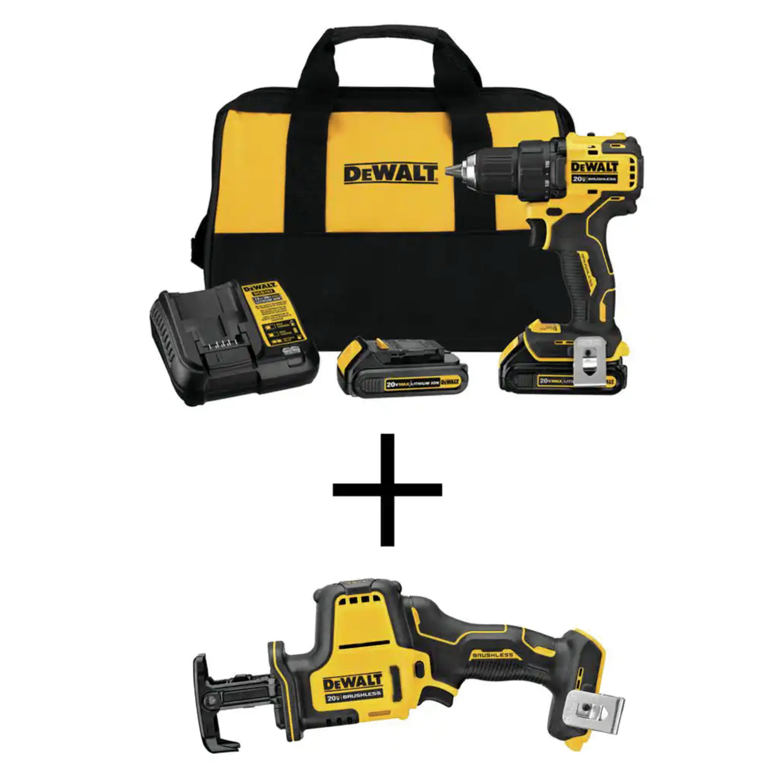 Dewalt Atomic 20V Max Cordless Brushless Compact 1/2 in. Drill/Driver. (2) 20-Volt 1.3Ah Batteries & Reciprocating Saw (DCD708C2W369B)