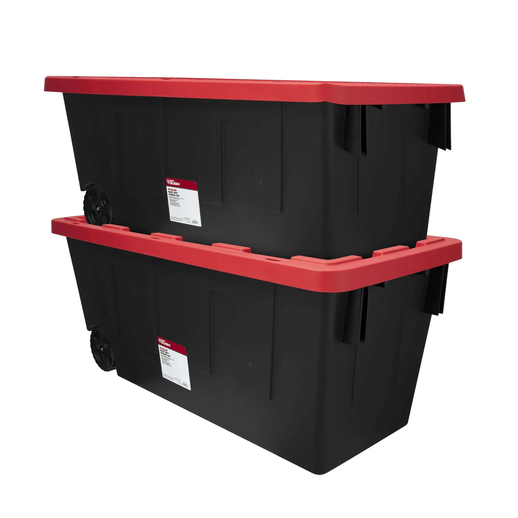 Hyper Tough 50-Gallon Snap Lid Wheeled Plastic Storage Tote. Black Base/Red Lid. Set of 2