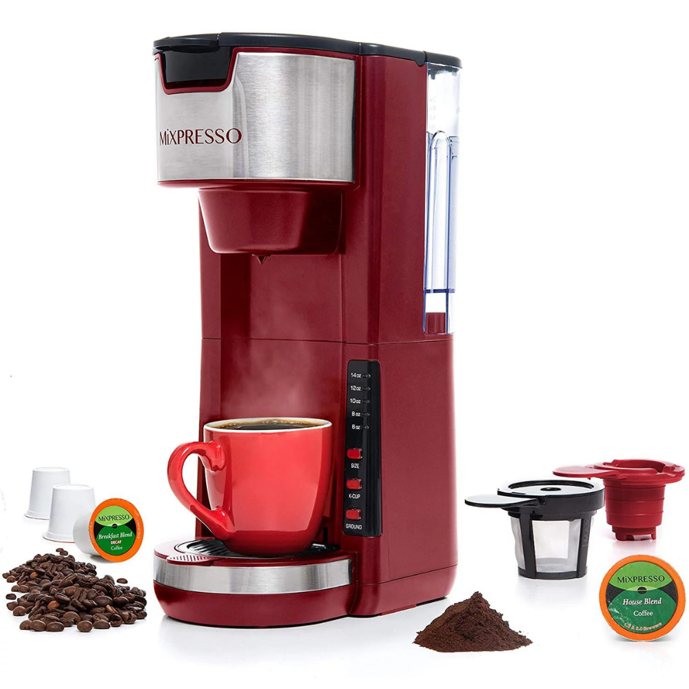 Mixpresso Single Serve 2 In 1 Coffee Brewer K-Cup Pods Compatible & Ground Coffee. Red
