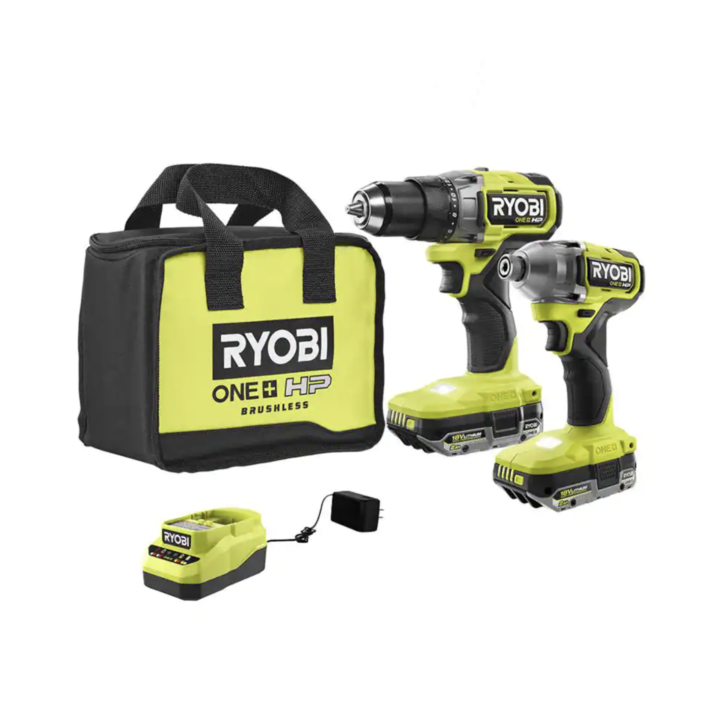 Ryobi One+ HP 18V Brushless Cordless 1/2 in. Drill/Driver and Impact Driver Kit w/(2) 2.0 Ah Batteries. Charger and Bag (PBLCK01K)