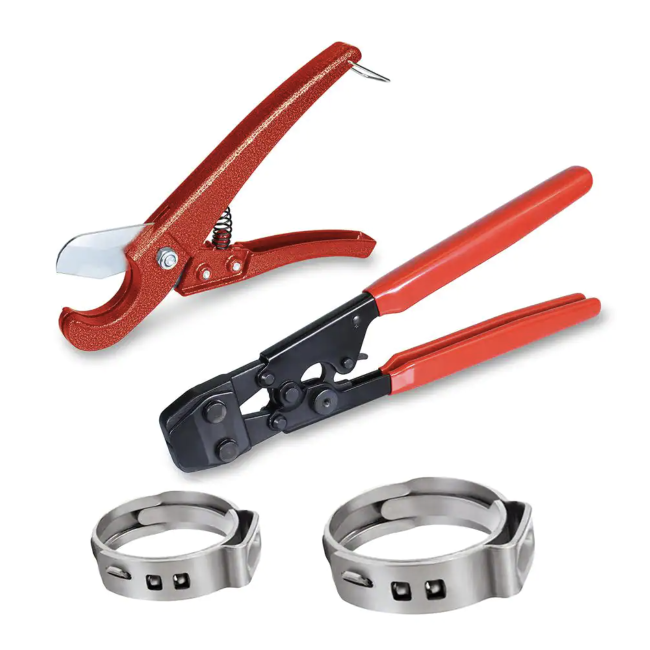 The Plumber-s Choice Pex Tubing Plumbing Kit Crimper Tool 1/2 in. and 3/4 in. Elbow Stainless Steel 1/2 in. and 3/4 in. Cinch and Half Clamp