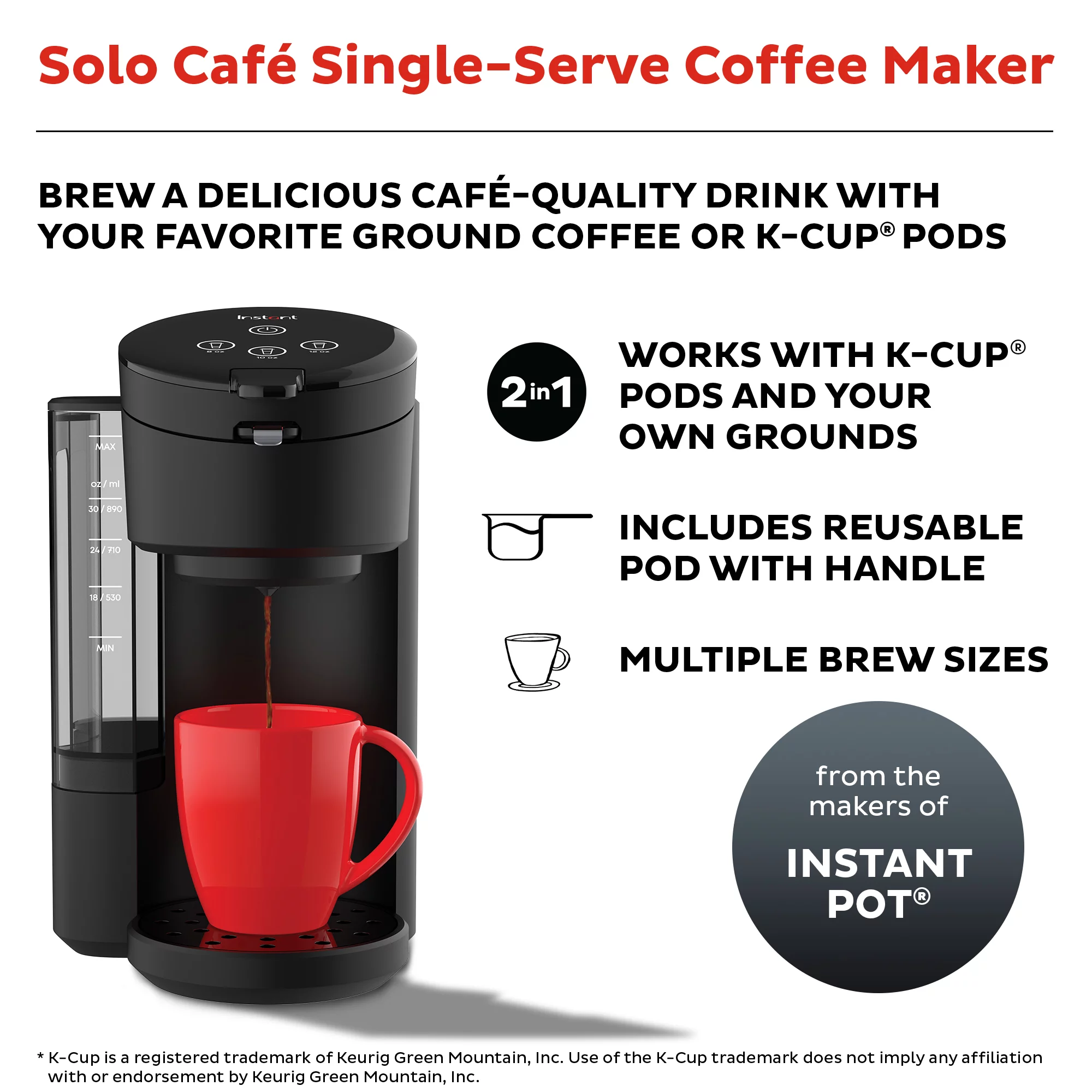 Instant Solo 2-in-1 Single Serve Coffee Maker for K-Cup Pods and Ground Coffee. Black