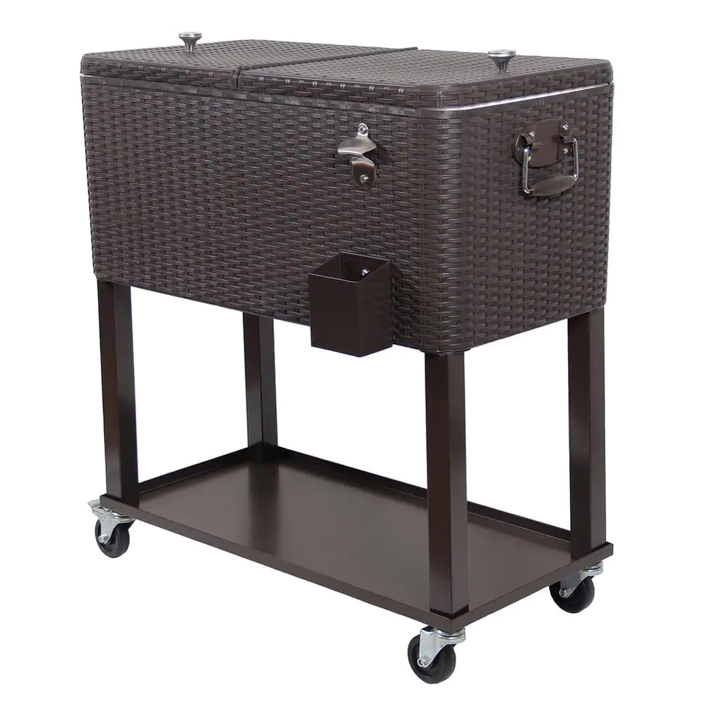 Patio Watcher 80 Qt. Wicker Stainless Steel Wicker Patio Cooler Cart With Wheels In Brown