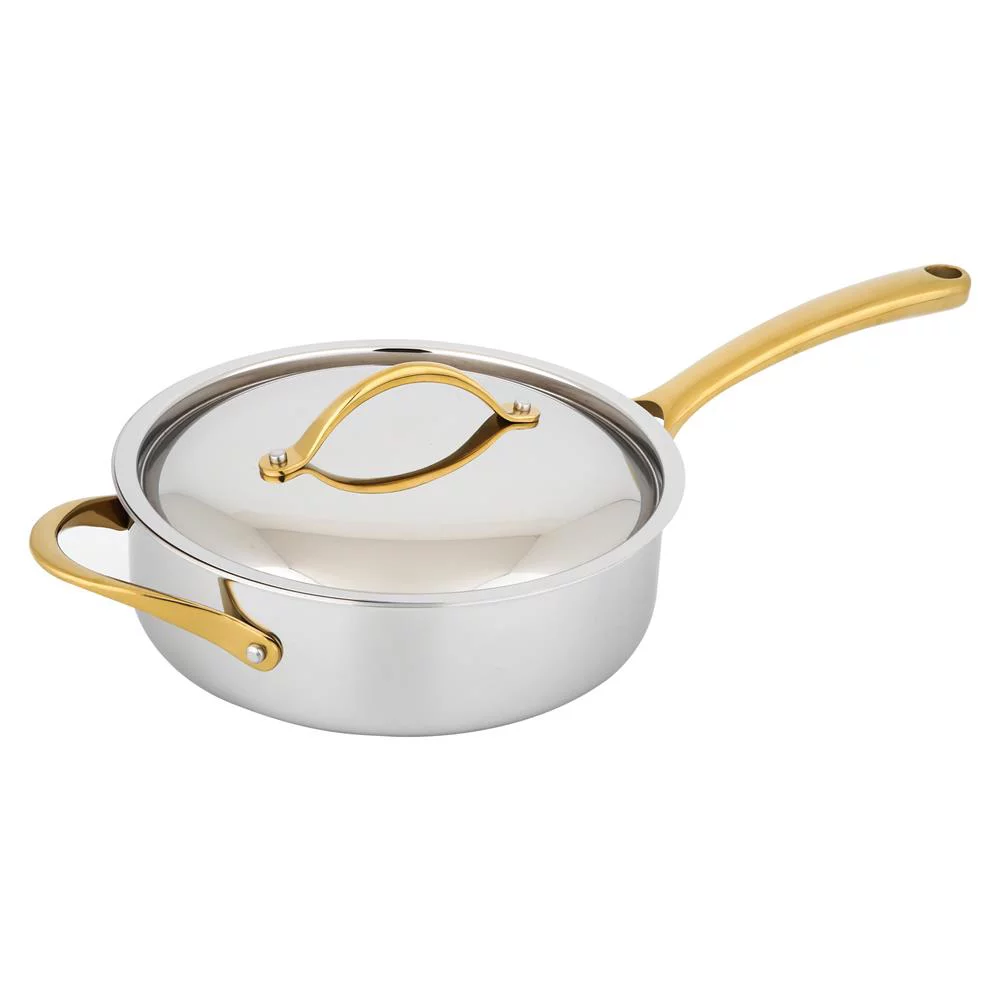 NutriChef 3.4-Qt Saute Pan with Lid. Interior Coated Prestige Ceramic Non-Stick Coating. Golden PVD Handles