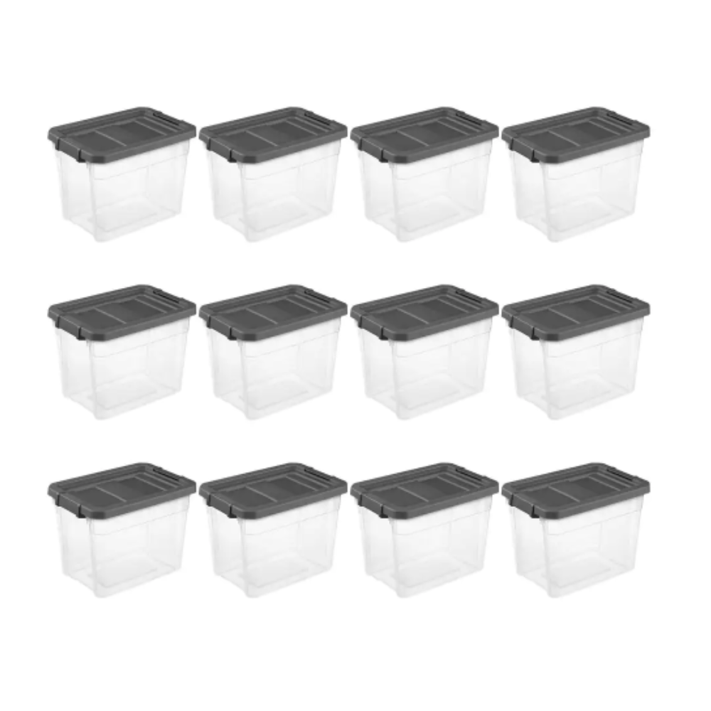 Sterilite 30 qt. Clear Plastic Storage Bin Totes with Latching Lid in Grey (12-Pack)