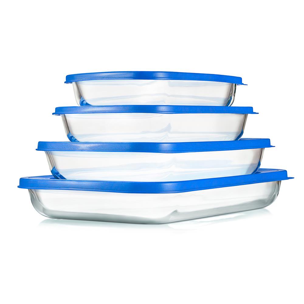 NutriChef 4 Sets Glass Bakeware - High Borosilicate Rectangular Glass Baking Dish with Blue BPA-Free PE Lids