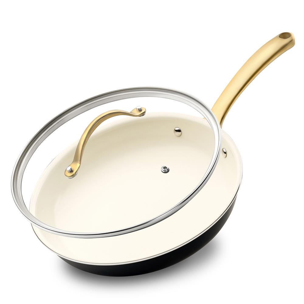 NutriChef 12 Fry Pan With Lid - Large Skillet Nonstick Frying Pan with Ceramic Coating & Golden Titanium Coated Silicone Handle