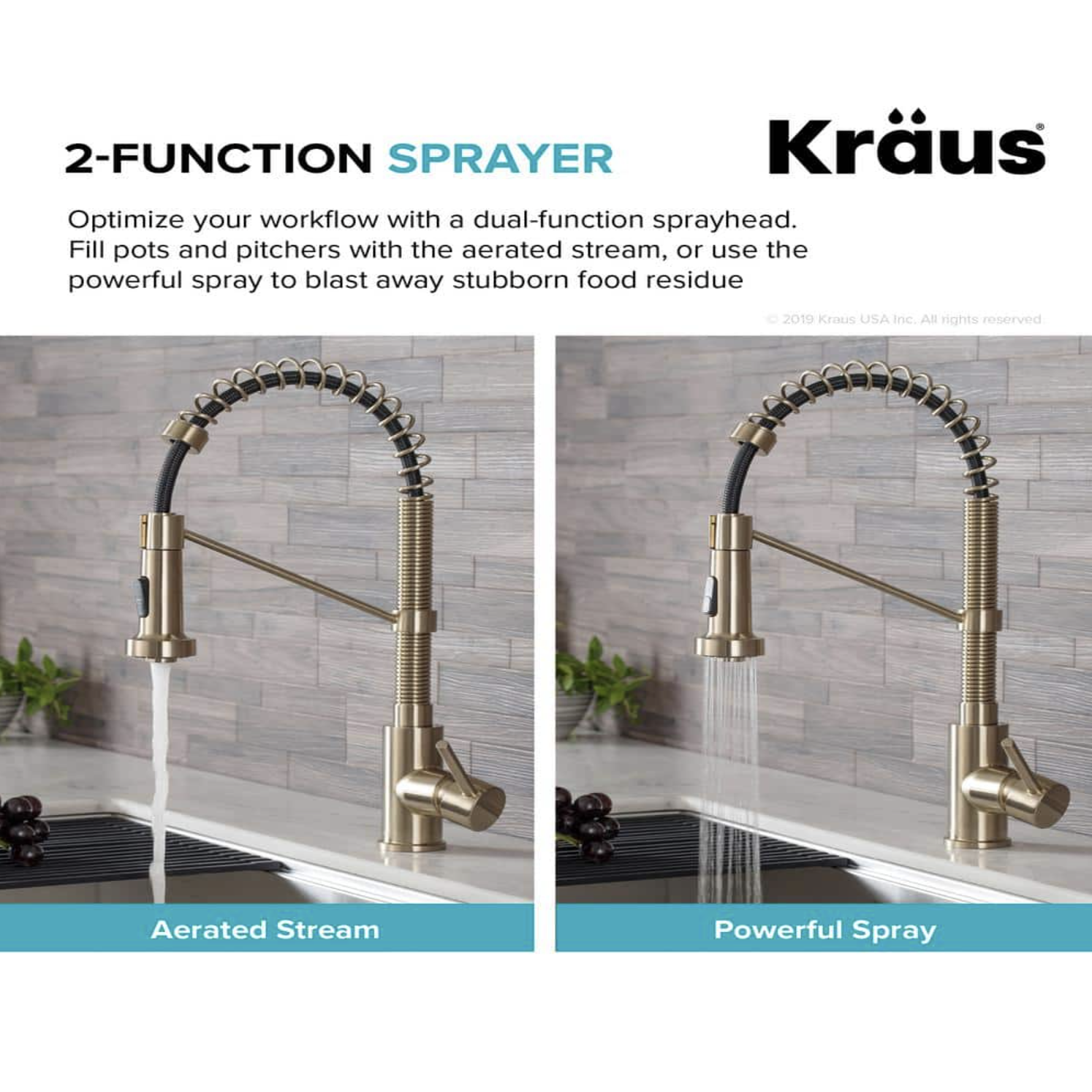 Kraus Single Handle 18-Inch Commercial Kitchen Faucet with Dual Function Pull-Down Sprayhead. Brushed Gold Finish