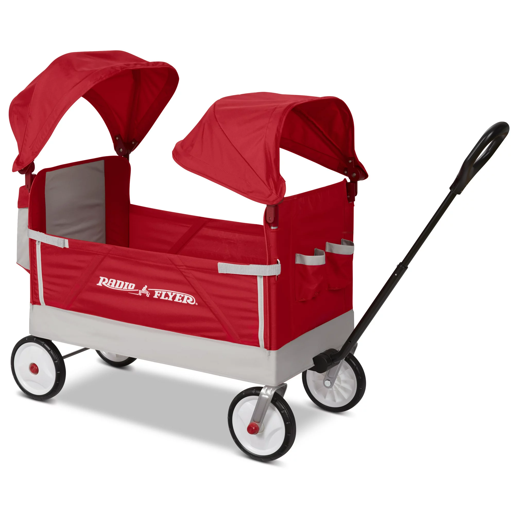 Radio Flyer. Dual Canopy Family Wagon. Adjustable Canopies with Storage Bag. Ages 1.5+ years