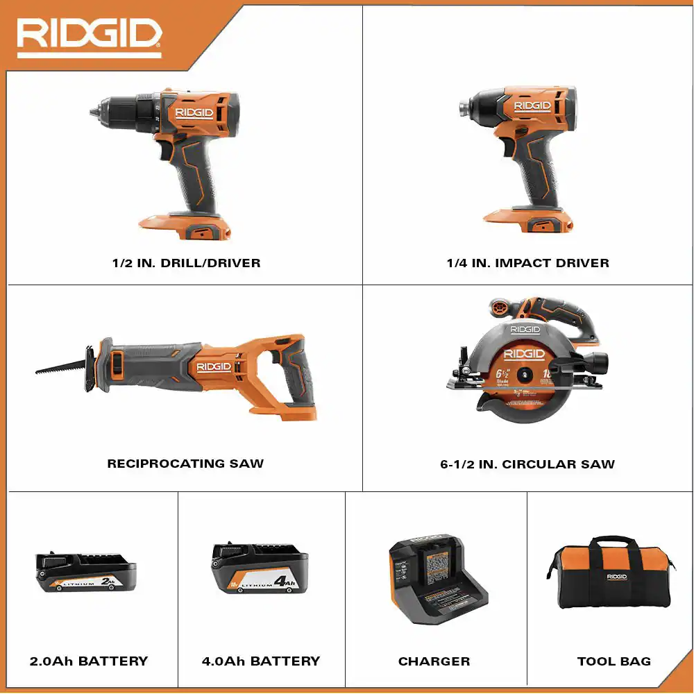 Ridgid 18V Cordless 4-Tool Combo Kit with (1) 4.0 Ah Battery. (1) 2.0 Ah Battery. Charger. and Bag