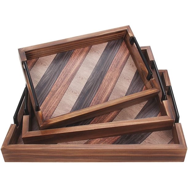 Butizone Wood Serving Tray with Handles. Rustic Decorative. Set of 3