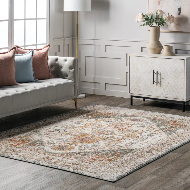 Charlton Home Gulbranson Traditional Medallion Power Loom Performance Beige Rug. Rectangle 10′ x 14′